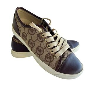 Michael Kors Monogram Canvas Sneakers Brown Leather‎ Trim Casual Shoes 6.5